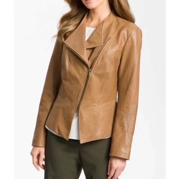 Lafayette 148 New York Jackets & Blazers - Lafayette 148 New York Tan Leather Jacket with Diagonal front zip Tan Sz 8